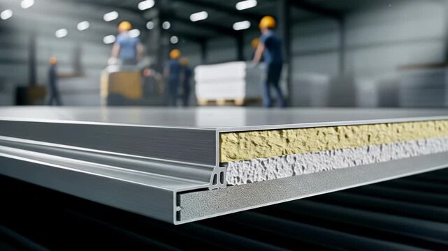 Insulated panel with metal cladding in warehouse during industrial work setup. Warehouse workers in helmets are handling insulated panels efficiently.