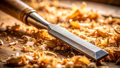 Close up of a sharp metal chisel resting on wood shavings on a wooden surface with soft lighting.