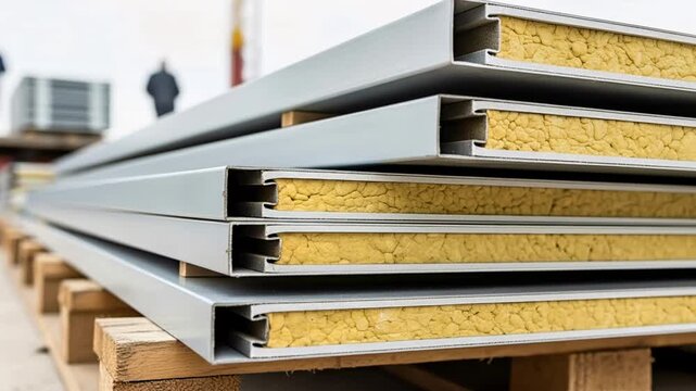 Stacked sandwich panels with layered edges in construction site setting. Workers handle materials under soft daylight, showcasing industrial environment.