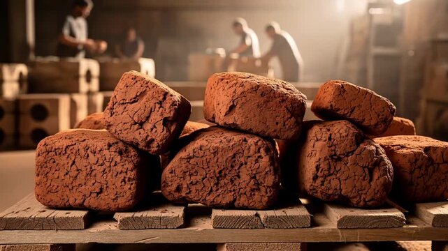 Textured red clay bricks pallet with warm light highlighting craftsmanship in workshop. Closeup of stacked bricks with warm tones, creating inviting atmosphere in workspace.