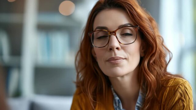 A woman wearing glasses, focusing on something out of frame. She appears deep in thought or analyzing information.