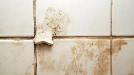 Damaged Tilework with Mold: Close-up of discolored and cracked tiles, grout, and mold growth on a bathroom or kitchen wall, showcasing deterioration and maintenance issues.