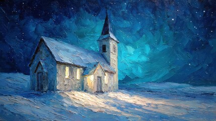 Winter Chapel Under the Stars: A picturesque church stands serene, cloaked in a blanket of snow under a twinkling, dark night sky. The scene evokes a sense of peace, tranquility.