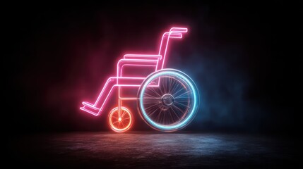 Illuminated Wheelchair Icon: A vibrant neon sign, shaped like a wheelchair, glows against a dark, dramatic backdrop, symbolizing accessibility and inclusivity.