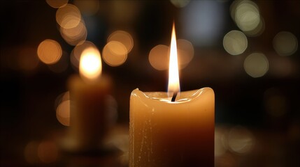 Glowing Candlelight Serenity: A warm candle flame glows brightly against a blurred background of soft light, a tranquil image of serenity and peace.