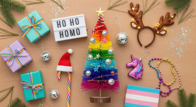 Funny rainbow Christmas decorations with LGBTQ pride theme in flat lay