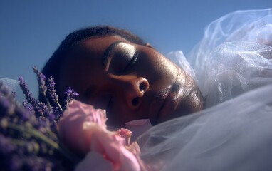 Fototapeta premium portrait of an african american woman sleeping in white and purple tulle, against a blue sky,
