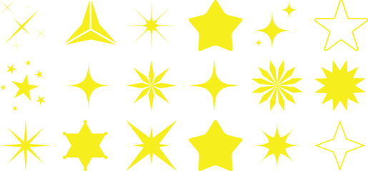 Collection of Yellow Star and Sparkle Icons on White Background