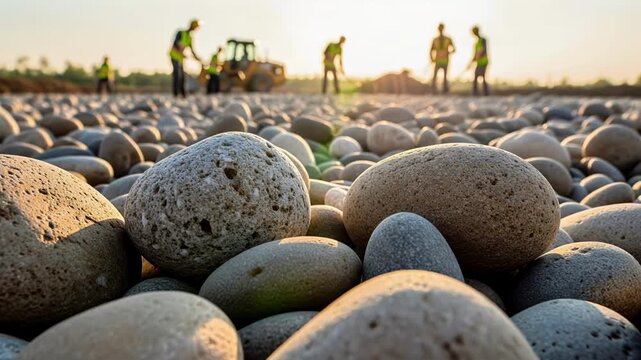 Gravel stones with sharp focus and blurred background featuring road workers in warm sunlight. Gravel stones create an engaging foreground while hard-working road workers are visible in the distance.