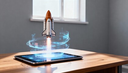 Rocket launch simulation on tablet in modern office space digital technology futuristic environment creative viewpoint