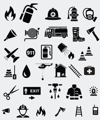Firefighter Icon Set – Fire Safety, Rescue Equipment, and Emergency Service Symbols