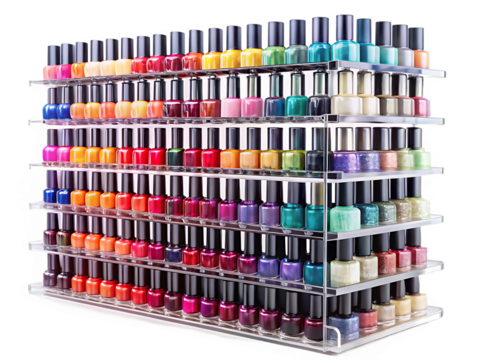 A large display rack filled with numerous colorful bottles of nail polish, isolated on transparent background.png