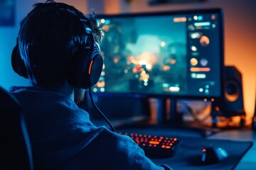 Gamer focused on computer screen with illuminated keyboard and mouse, streaming live or recording online content