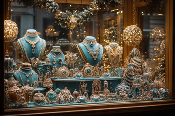 Various jewelry pieces in window display.