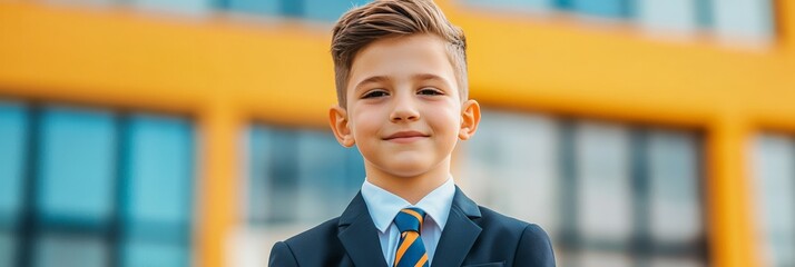 Portrait of a confident young boy wearing a school uniform and tie, standing outside a modern school building, smiling as he prepares for the academic year