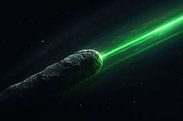Massive asteroid with glowing green jet stream across dark cosmic void