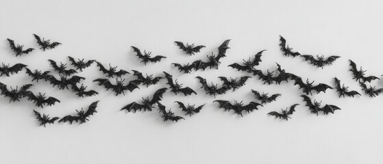 Obraz premium A minimalistic halloween: bats and spiders against a white backdrop. Avant-garde shots. Minimal halloween decor: black bats and spiders on a pristine white surface. Edgy editorial.