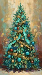 Festive tree with decoration: A stunning image showcases a festive, eye-catching Christmas tree, adorned with an array of colorful ornaments, garlands, and ribbon.