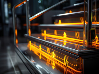 Chic Stair Design with Glued Glass Panels and Stainless Steel Handrail Bars