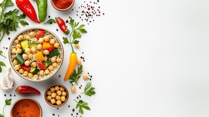 Colorful Indian vegetarian chickpea and vegetable curry surrounded by fresh herbs and spices on a white background perfect for food, cooking, and cultural themes