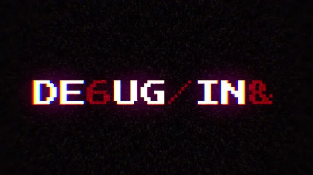 Intentional digital artifact injection fx animation, decoding a noisy scambled 8-bit text debugging 4k