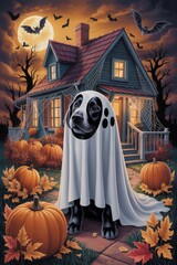 Halloween illustration of black dog dressed as ghost with pumpkins, autumn leaves and moonlit house. Whimsical festive artwork for seasonal decor or editorial use.