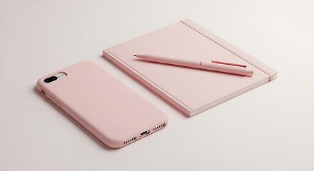 Pink aesthetic desk setup with phone notebook and writing instrument