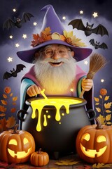 Festive Halloween scene featuring smiling wizard, bubbling potion, carved pumpkins and autumn accents. Storybook illustration for packaging, greeting cards or digital products.