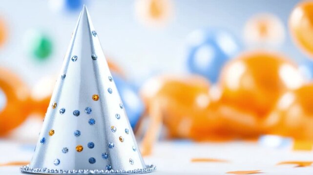 Celebratory Party Hat with balloons: A festive party hat adorned with gems is the focal point, complemented by a backdrop of balloons, capturing the essence of jubilant festivity. 