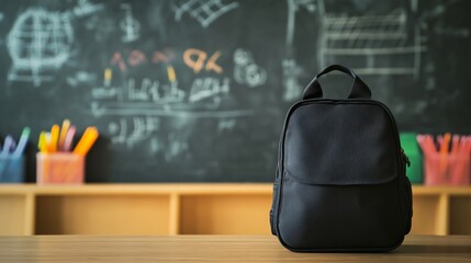 Black backpack sitting on a desk in an empty classroom with a chalkboard in the background, ready for the start of the school year, symbolizing education and learning