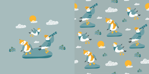 Modern children's background and seamless pattern with funny seagulls and fish. Vector design for fabric, wallpaper, wrapping paper, and more.