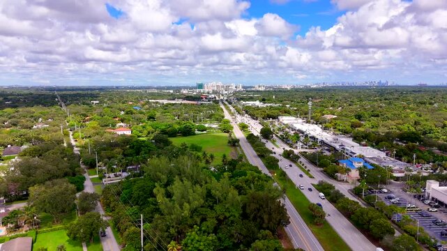Residential neighborhoods in Pinecrest Florida. Aerial view of shopping centers and single family homes