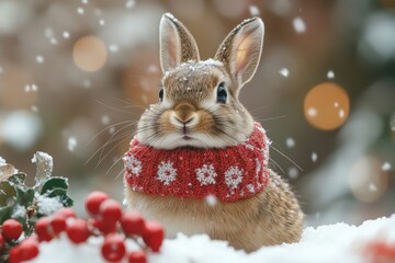 Rabbit in scarf hopping in snow.