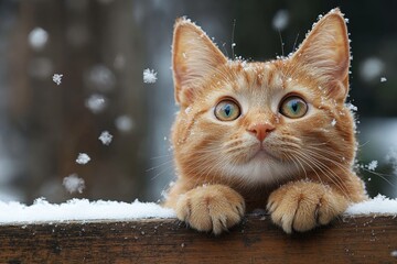 Snow-covered cat staring intensely.