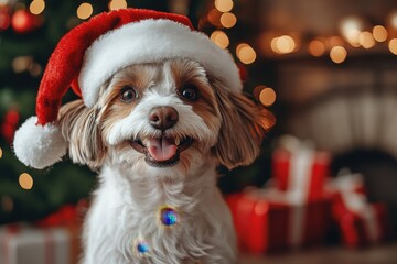 Dog in Santa hat with Christmas tree.