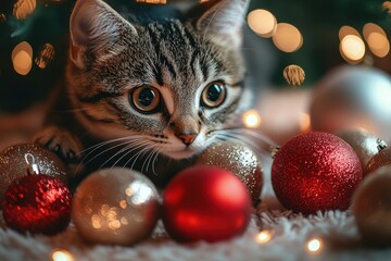 Kitten surrounded by Christmas ornaments, looking at the camera.