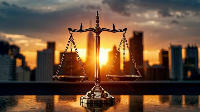 Golden balance scale on a rooftop ledge with a glowing city skyline and dramatic sunset sky symbolizing justice and fairness in urban setting