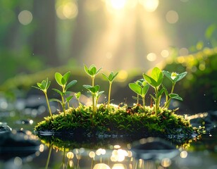 Tiny green seedlings emerge from mossy ground surrounded by shimmering water and soft sunlight
