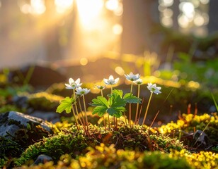 Delicate white wood anemone flowers bloom with soft golden sun rays filtering through forest trees