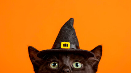 Obraz premium A funny looking black kitten in a witch hat on Halloween Day