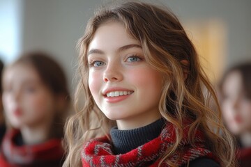 Young girl with long hair wearing a red scarf.