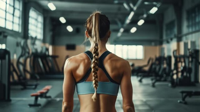 A woman with a braided ponytail wearing a sports bra and shorts, looking over her shoulder at a gym with exercise equipment in the background.