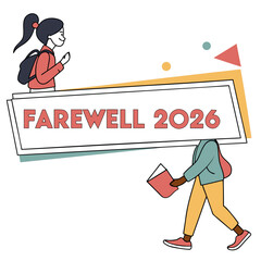 Vector art of farewell 2026 class with students and banner