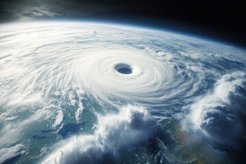 Powerful hurricane swirling above Earth with a defined eye and turbulent clouds