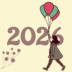 Vector art of girl holding 2026 balloons
