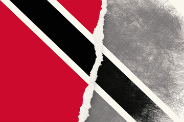 Naklejka premium An abstract digital rendering presents a split Trinidad and Tobago flag, showing vibrant colors on one half and a textured, sketched grayscale design on the opposing side, evoking a