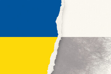 A torn paper art piece juxtaposes the vibrant colors of the Ukrainian flag, blue and yellow,...