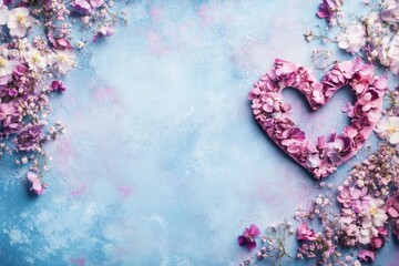 Heart shape created with pink flowers on a blue background for spring celebration decoration