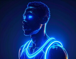 Dark blue neon glowing portrait of a determined young athlete Male Determination