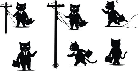 Set of six anthropomorphic business cat silhouettes in suits with briefcases, climbing utility poles, walking, waving, humorous corporate feline mascot illustration design © Ashik World